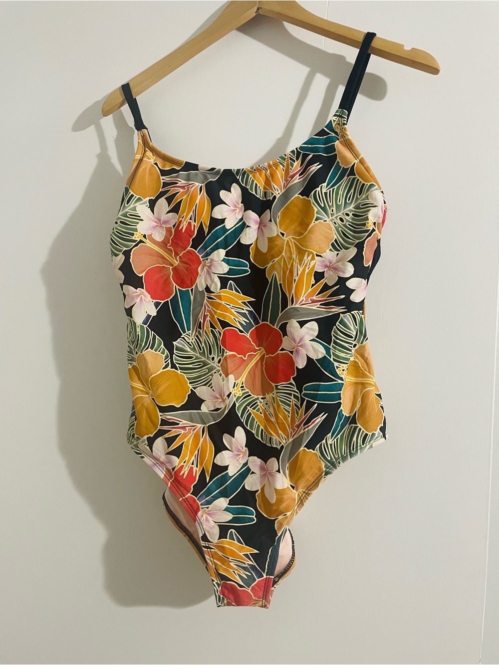 Hurley Black Floral One-Piece Swimsuit with Mustard, Red and Teal Accents